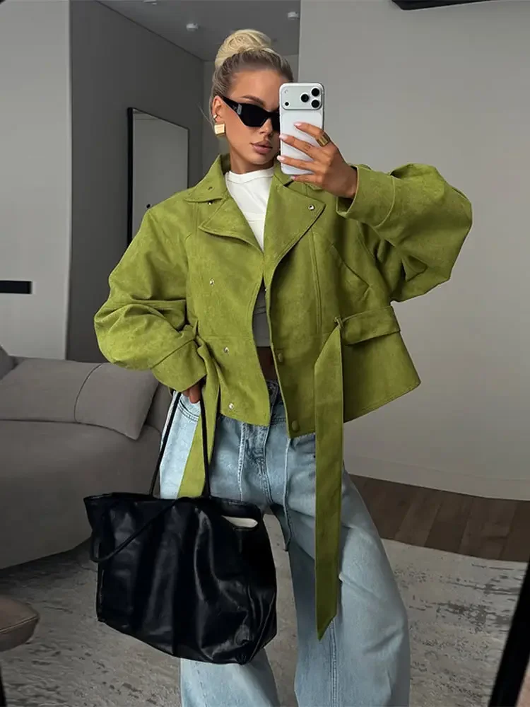 Damenmäntel mit Stehkragen, Schnürung an der Taille, kurze Windjacke, Frühlingsjacke für Damen, langärmlig, schmal geschnitten, modische neue Oberbekleidung – Detail 18