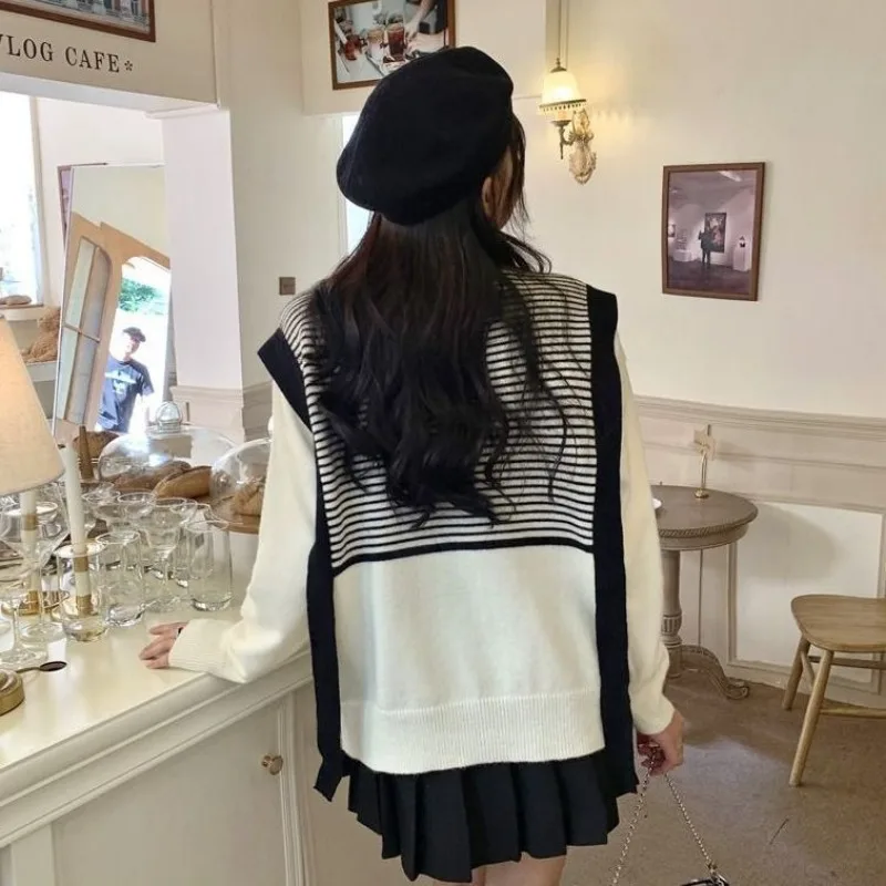 Women Autumn Casual All-match Loose Striped O-neck Long Sleeve Knitwear Women Clothes Fashion Trend Appear Thin Knitting Tops