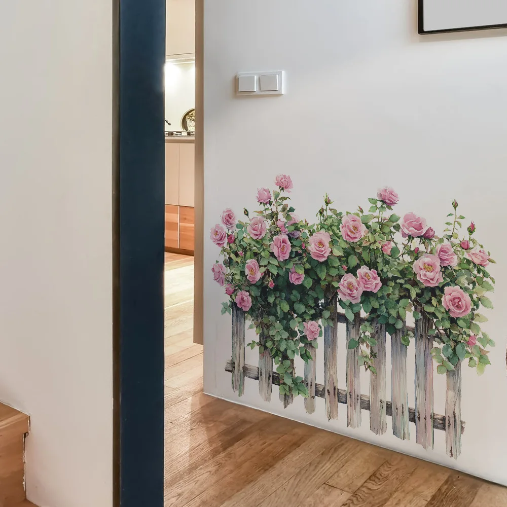 Romantic Rose Wall Decals, Rose Vine Fence Floral Wall Stickers Murals,  Peel and Stick for Girls Bedroom Living Room Entrance