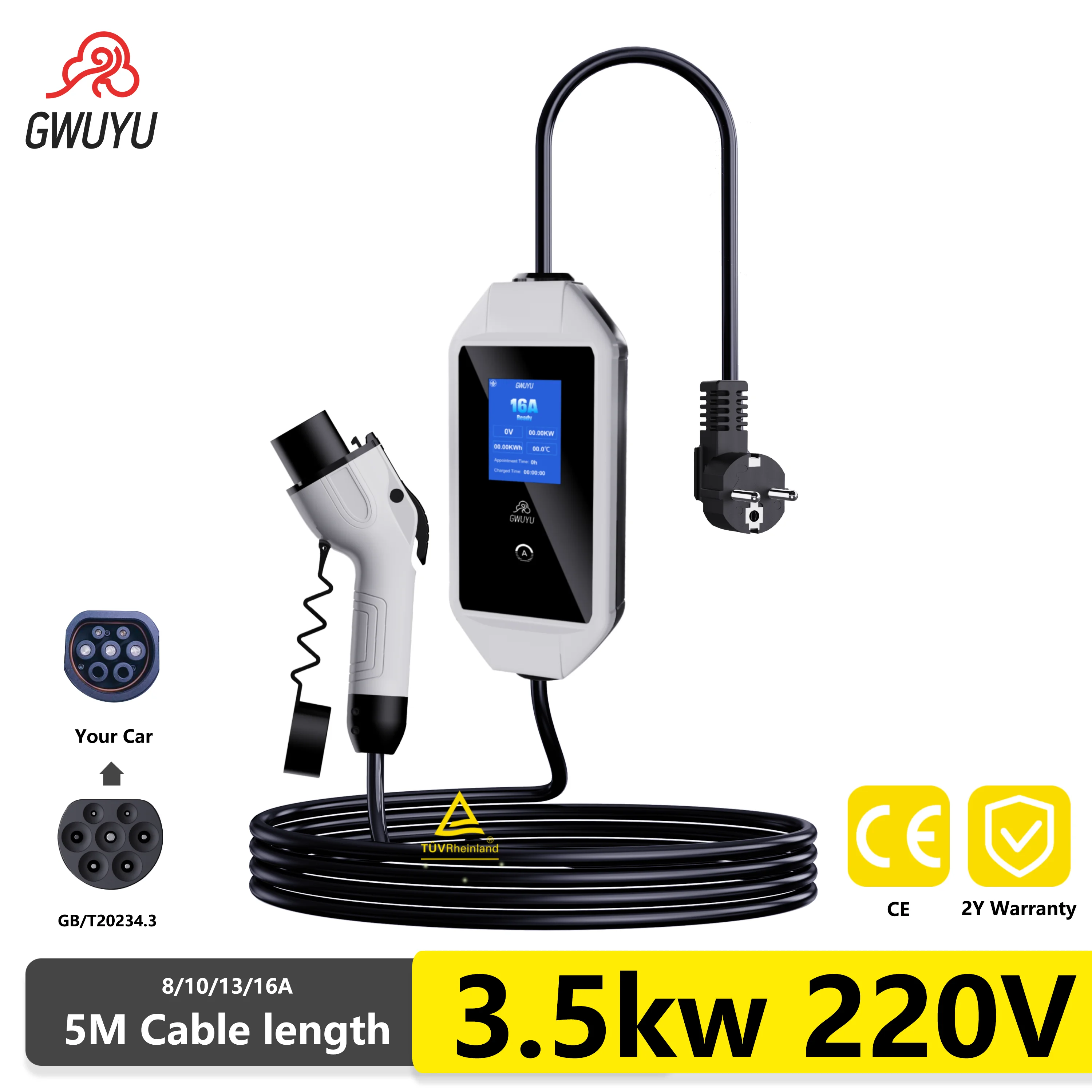 

GWUYU Portable EV Charger 16A 3.5KW Type2/Type1/GBT Socket 5m Cable EVSE Charging Station Current Adjustable for Electric Car