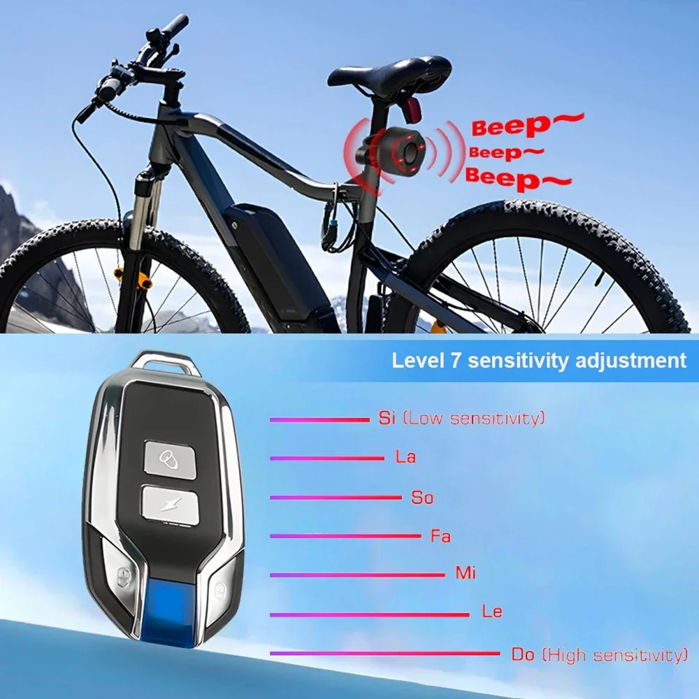 Alarma de vibración para luz trasera de bicicleta, Control remoto inalámbrico, carga USB, impermeable, antirrobo, alarma de seguridad eléctrica para