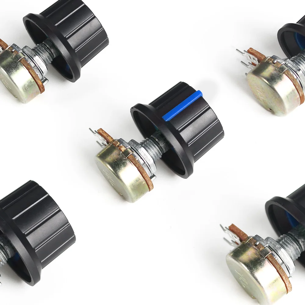 Линейный потенциометр WH148, 1K, 2K, 5K, 10K, 20K, 50K, 100K, 250K, 1 м, 15 мм, 3 контакта с синей крышкой с ручкой 24x15 мм, 5 комплектов