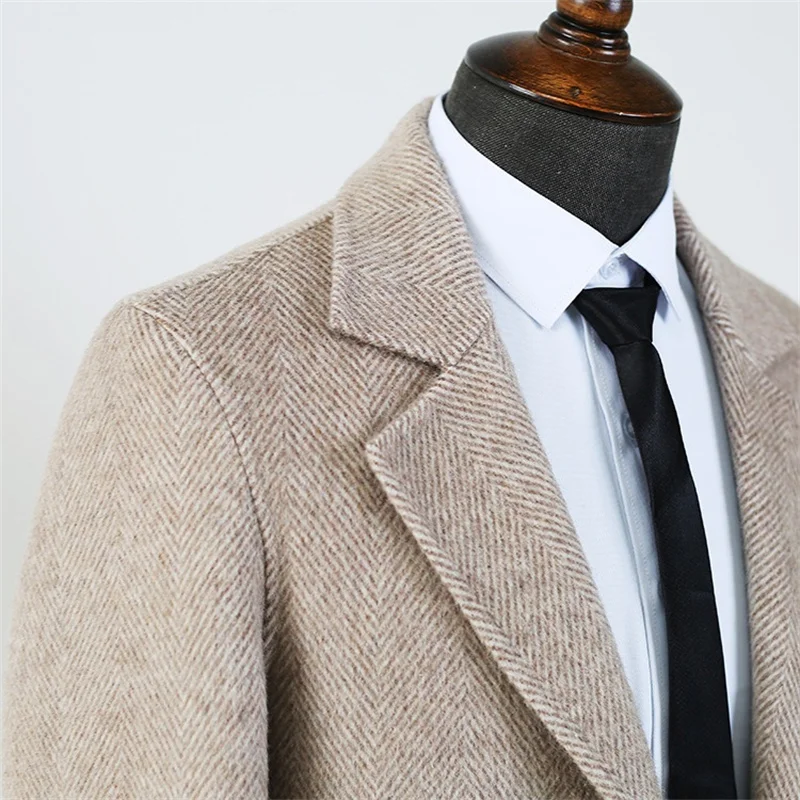 شقة طوق الرجال معطف الخريف الشتاء منتصف طول متعرجة واحدة الصدر السترة الصوف مزيج سليم صالح بدلة على الموضة جاكيتات 2025 #3