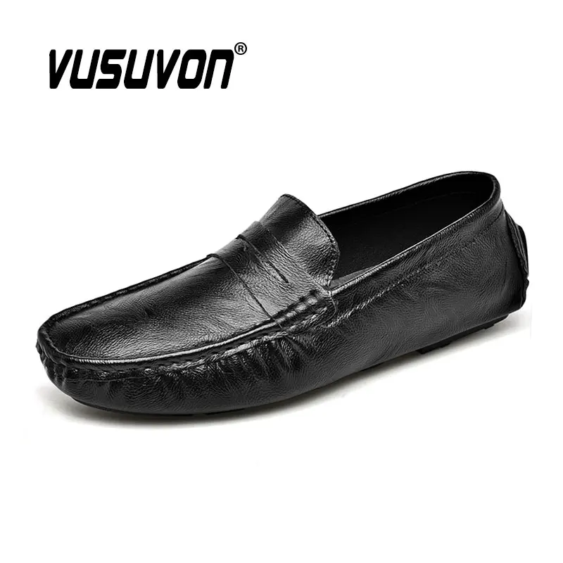 Penny Loafers Men Genuine Leather Shoes Spring Casual Flats Fashion Moccasin Breathable Slip on Driving Black Plus Size 47