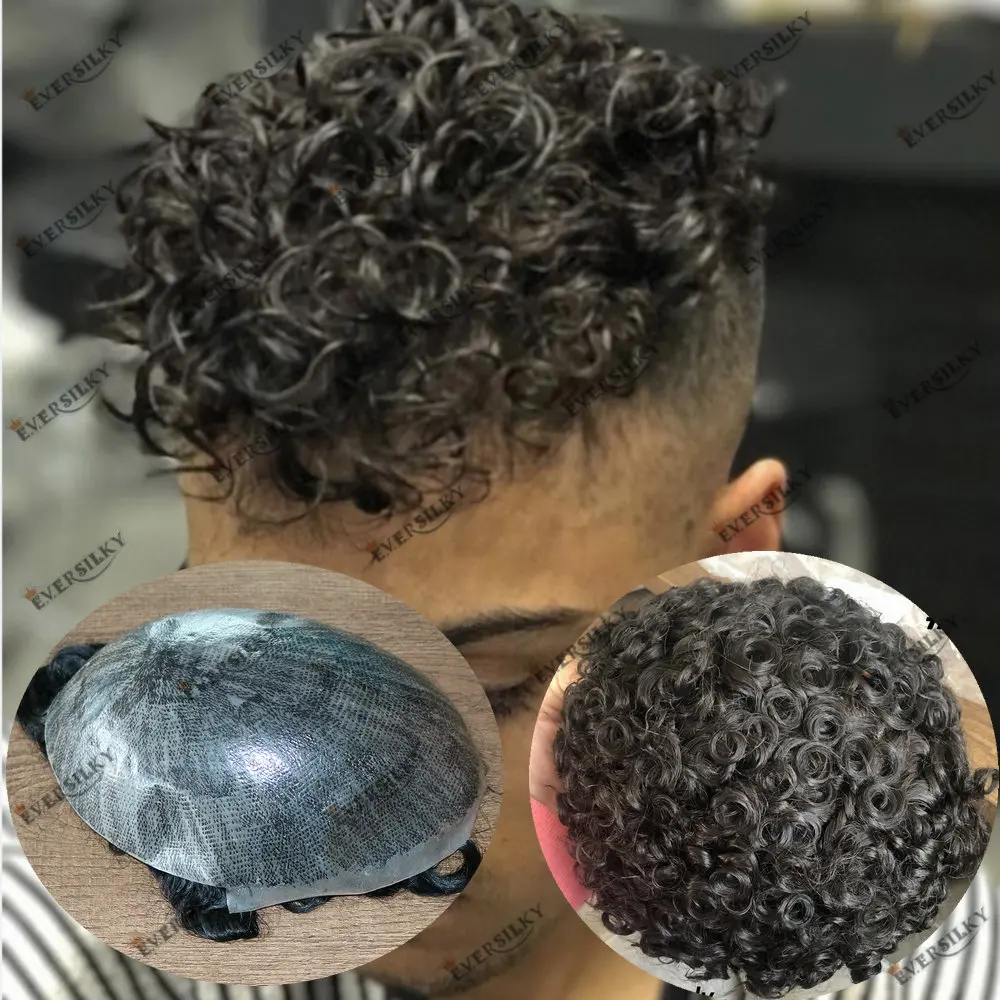 Men\'s Capillary Prosthesis Toupee Curly Human Hair 18mm Afro Curly Prosthetic hair Male Thin Skin PU Base Hair System for Men