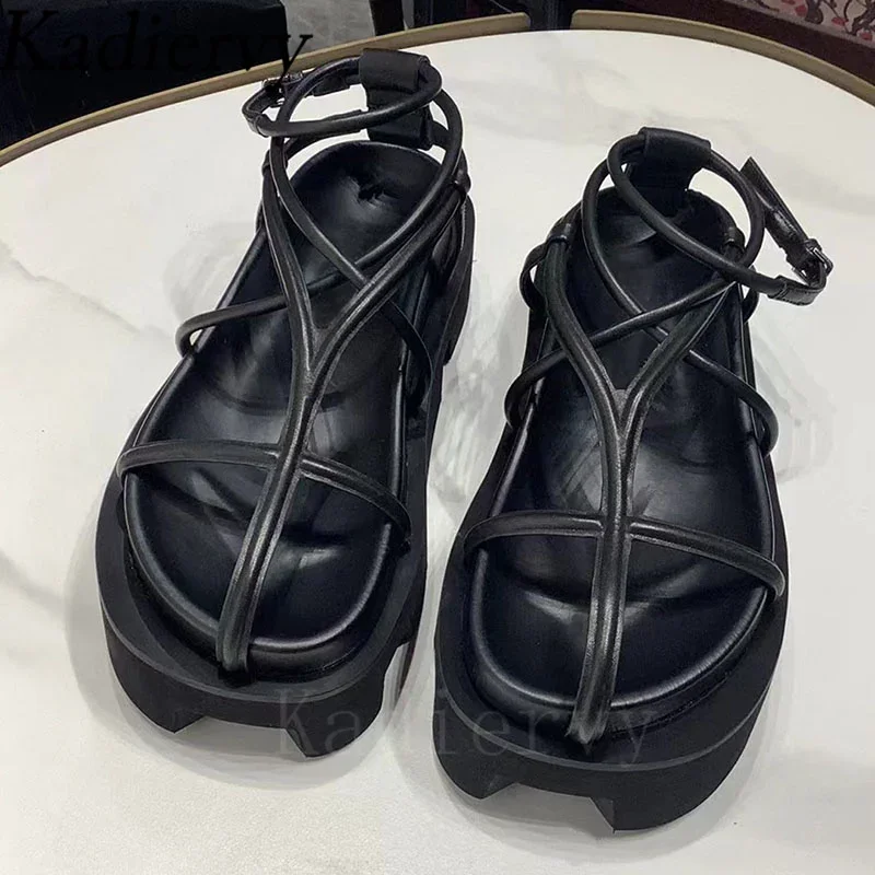 Plateaus andalen Frauen schwarze Strands chuhe echtes Leder schmales Band Sommer römische Sandalen Frau dicke Sohle Sandal ias Mujer