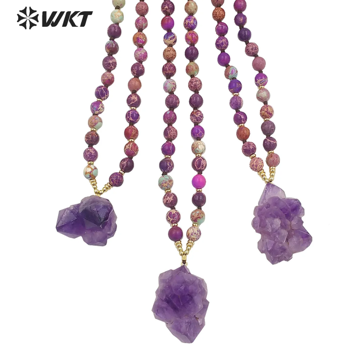 

WT-N1376 Unique handmade Natural energy stone long beads neckalce Elegant free style knotted beads Amethyst pendant neckalce