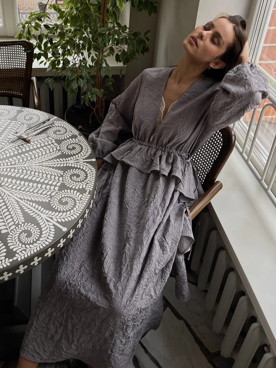 Bornladies Women's Spring Summer New Textured Pleated Dress Ruffle Lantern Sleeve Lace Trim Dress