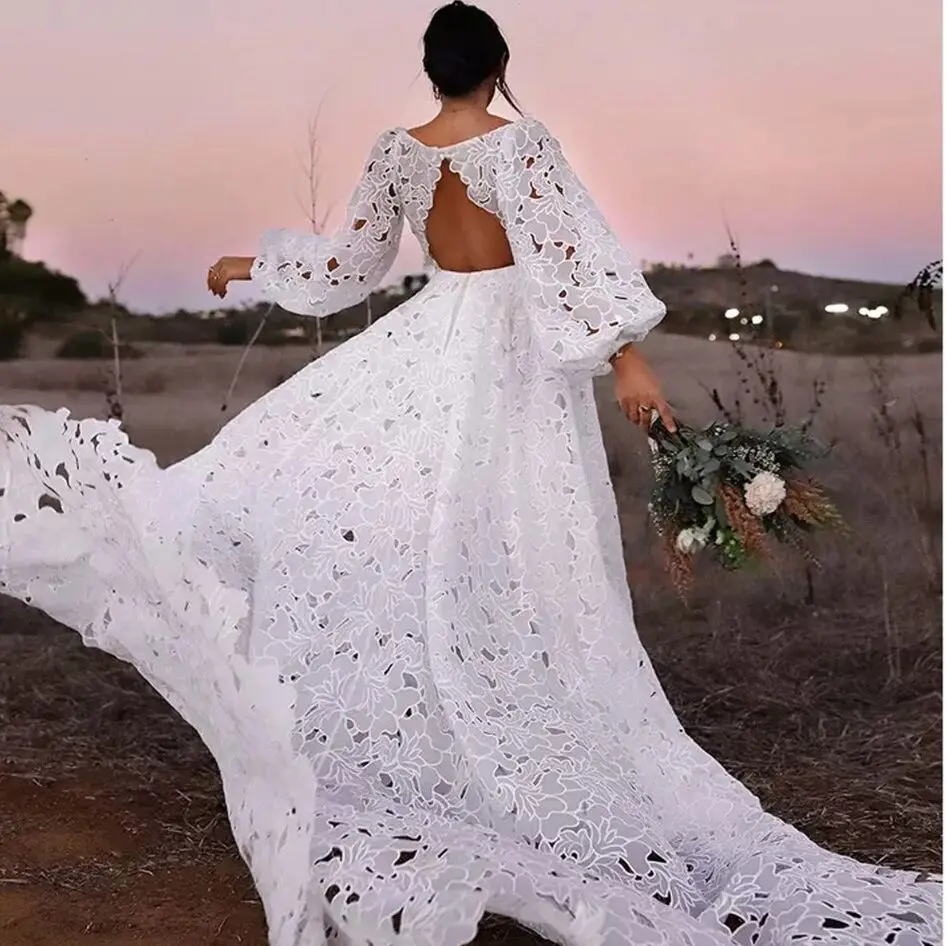 15043 #   Personalizado requintado gola quadrada mangas compridas inchadas a linha vestido de casamento renda vestido de noiva para mulher novia