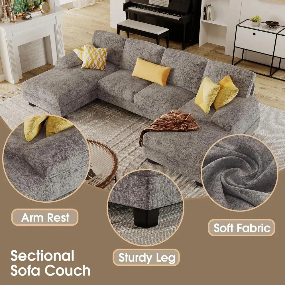 Living Room U-shaped Combination Sofa, 4-seater Set with Double Queen Chairs, for Apartments (fabric, Gray), Free Shipping