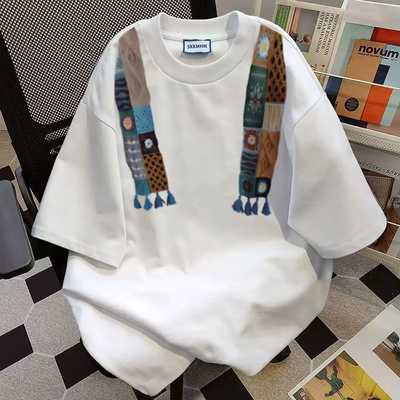 Summer Scarf Shawl Print Men O Neck Short Sleeve T Shirt Fashion All-match Highstreet Loose Couple Clothes Top Black White Daily