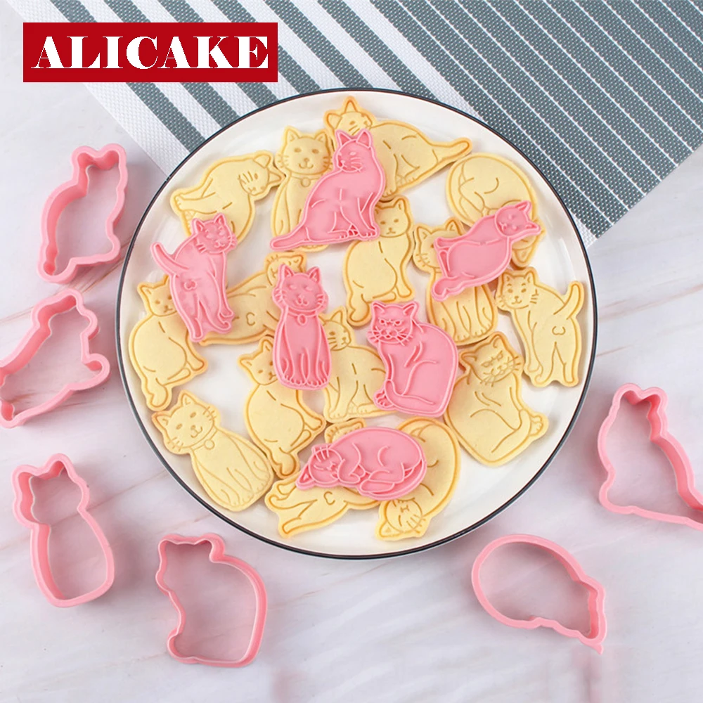 6Pcs Set Cat Cookie Cutter Stamp Plastic Cartoon Pressable Biscuit Mold Pussy Confectionery Kitchen Baking Pastry Bakeware Tools