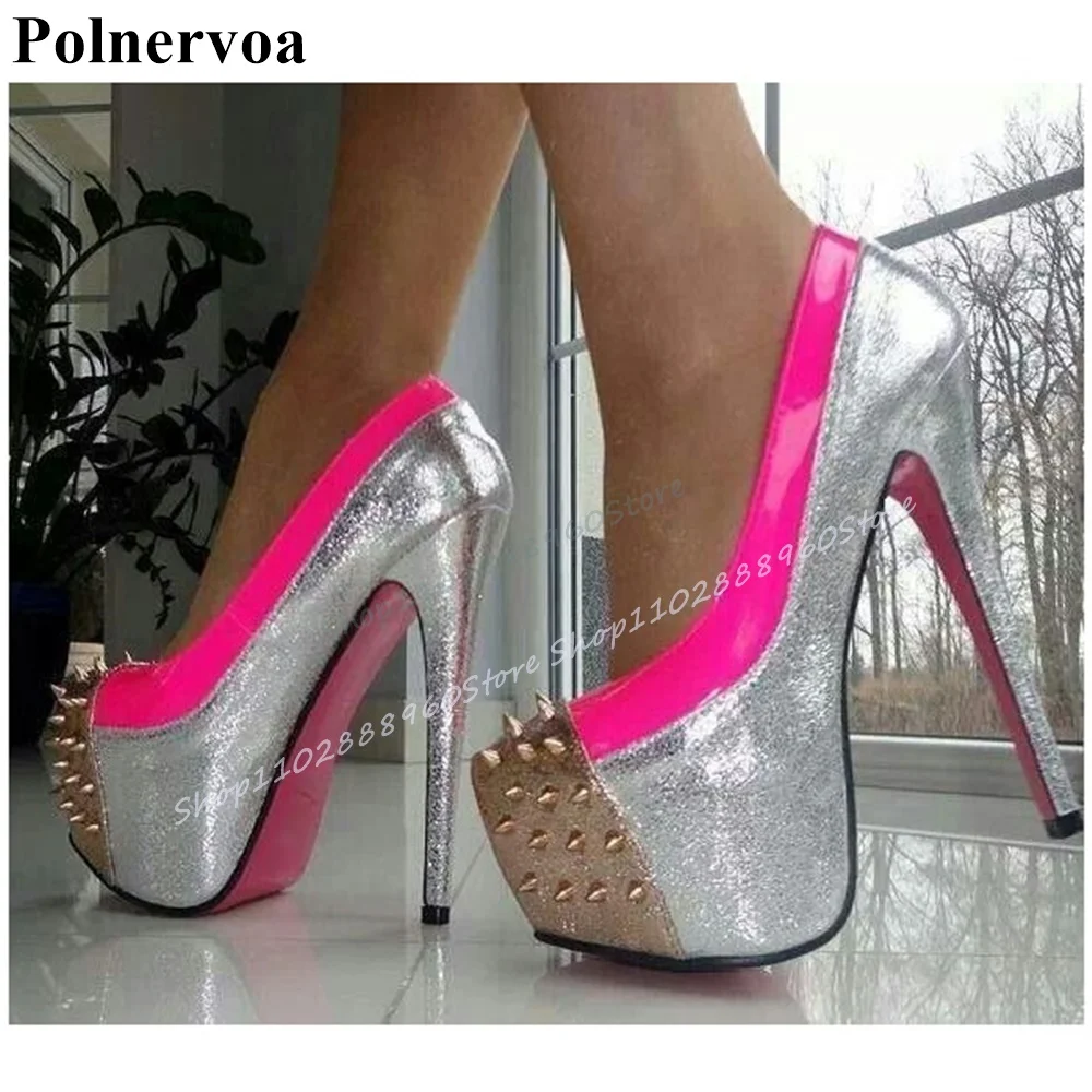

Splicing Mixed Metallic Platform Rivet Pumps Thin High Heel Shoes For Women Slip On Pointed Toe 2026 Fashion Zapatos Para Mujere