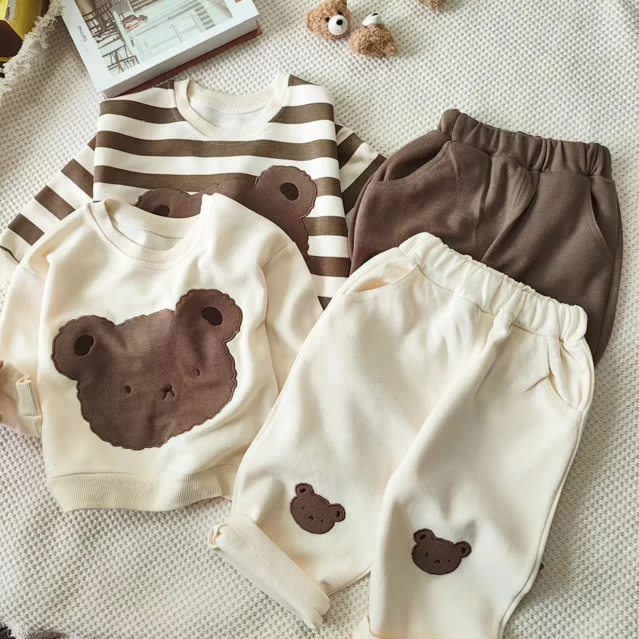 

2025 Autumn New Children Long Sleeve Clothes Set Boys Girls Cartoon Bear Print Sweatshirt + Pants 2pcs Suit Kids Casual Outfits