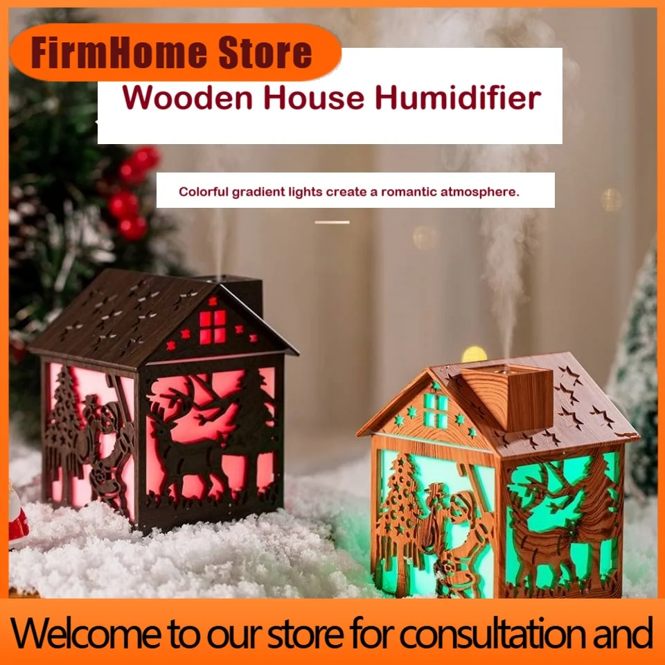 FirmHome Store240 Ml Wooden House Humidifier Christmas-themed Design Ultrasonic Humidifier Christmas Cottage Air Humidifier For
