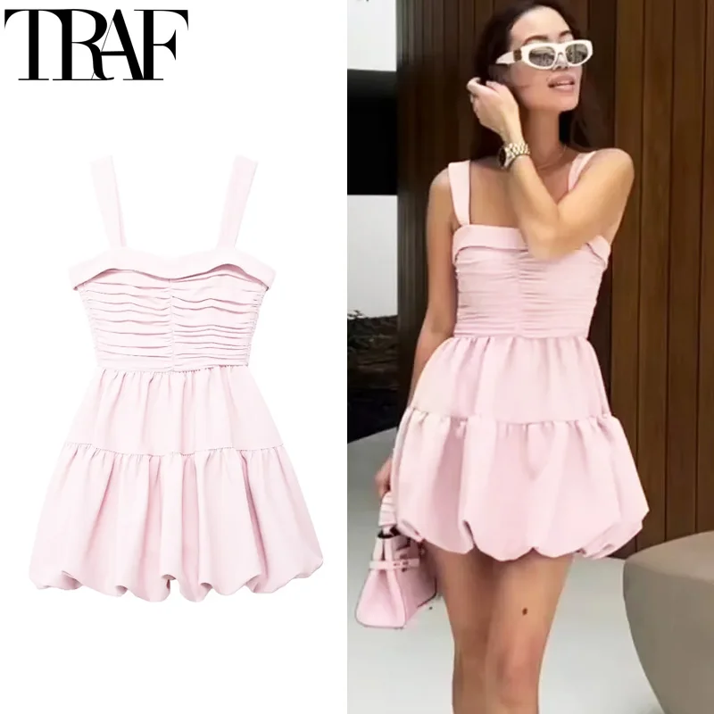 

TRAF Ruched Pink Balloon Dress Sleeveless Slip Mini Dress Woman Pleated Summer Backless Short Dresses Women Fairy Party Dresses