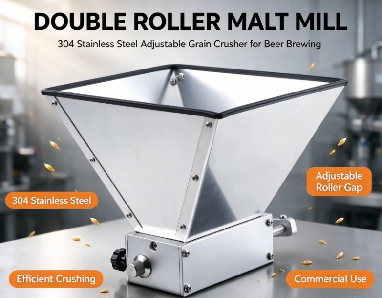 304 Stainless Steel 2‑Roller Grain Mill Adjustable Gap Malt Crusher Barley Grinder Commercial Brewing Equip Beer Making Machine