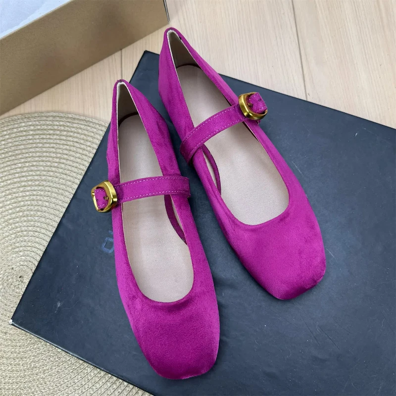 2025 nueva Primavera/otoño zapatos planos Mary Jane con punta cuadrada para mujer zapatos de Ballet de terciopelo Retro francés moda Vintage zapatos planos con correa gruesa