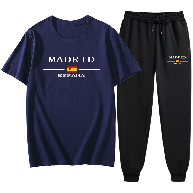 Hot Sale Madrid Spain Pattern T-shirts 2pcs Set High Quality Pure Cotton Tops and Jogger Pants Mens Casual Sports Football Suits