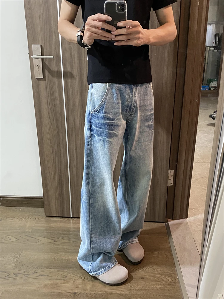 

Light Blue Cracked Design Men's Jeans Casual Loose Straight Leg Long Pants Water Washed American Trend Youth Autumn Fashion