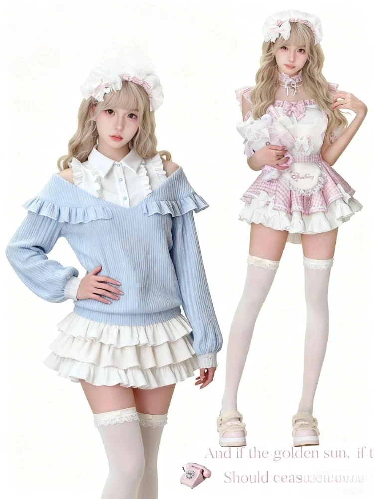 Suéter de punto navideño para mujer, jersey japonés Kawaii con hombros descubiertos, jerséis ajustados Vintage Y2k, prendas de vestir informales para fiesta