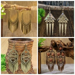 Ethnic Indian Gold Color Geometric Tassel Earrings for Women Vintage Flower Wooden Beads Hollow Drop Earring Jewelry bijoux