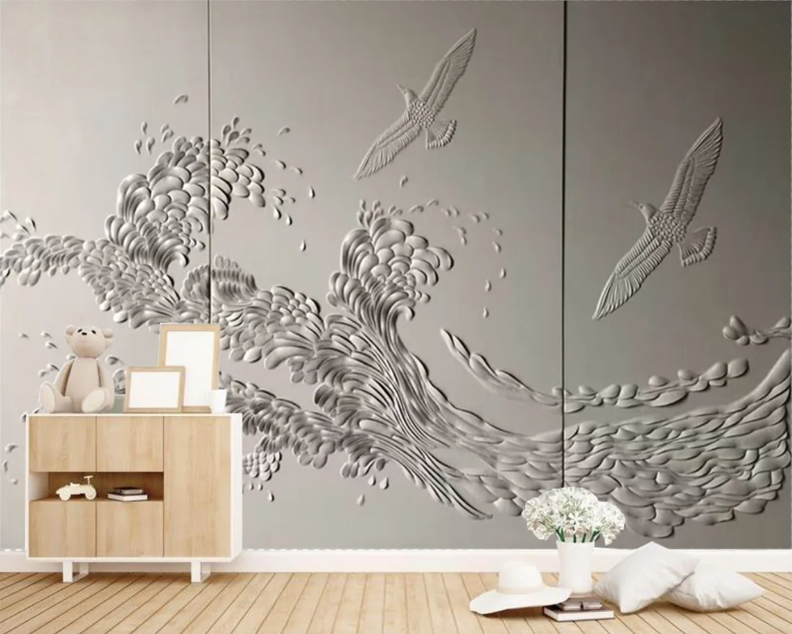 

Custom size mural relief 3d wallpaper European plaster Bird Eagle flower background wall art plaster line shape 3d wallpaper