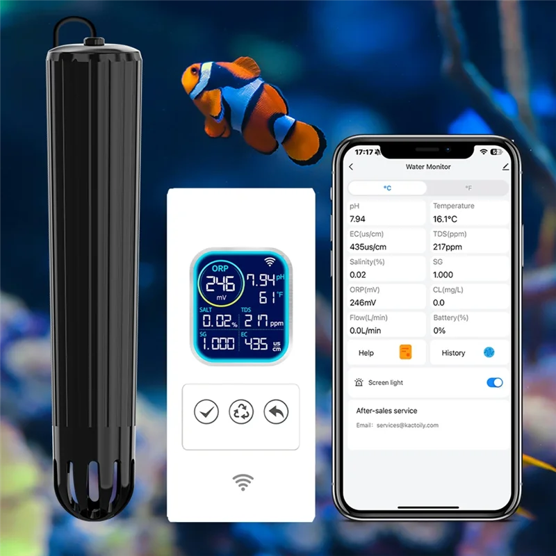 【¡¡El precio más bajo!】Monitor inteligente Wifi en línea 7 en 1 SALT TEMP ORP cloro Ph Tds Ec medidor para peces tropicales de acuario