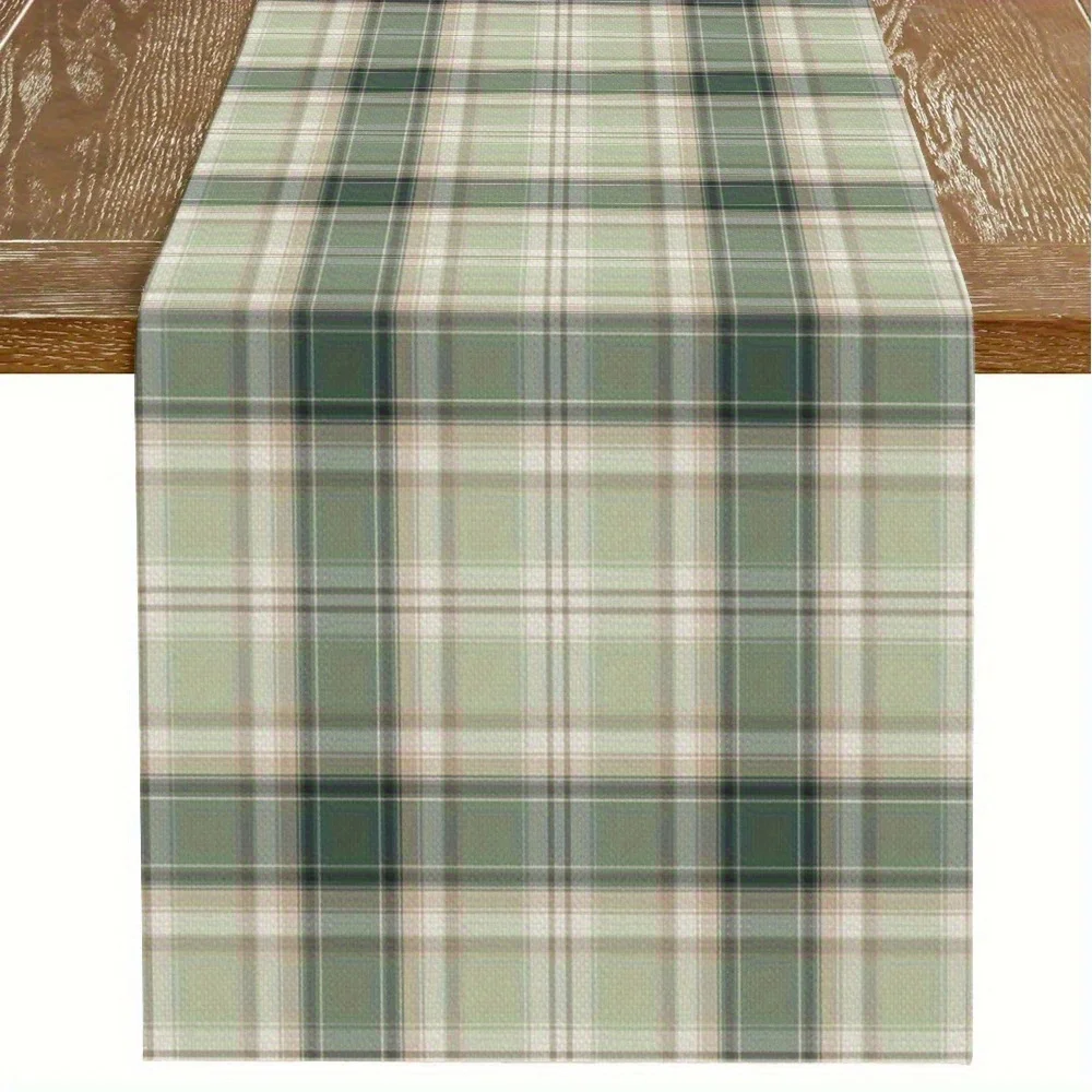 French Country Green Brown Stripe Table Runner - Durable Easy-Care Rustic Decor for Indoor Outdoor Wedding Banquet Dinner