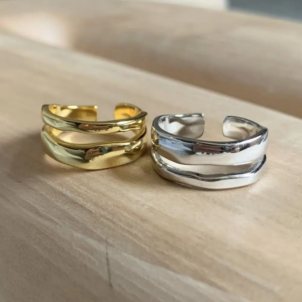 1/3 PCS Stackable Stainless Steels Adjustable Ripple Rings 18K Plated Gold Silver Minimalist Irregular Rings for Women Jewelry image 5