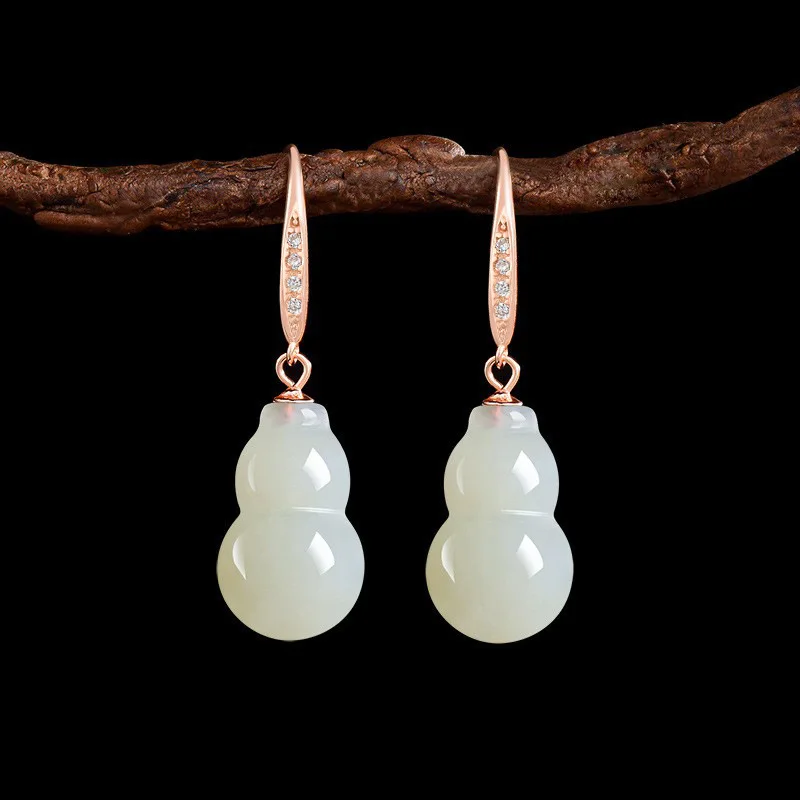Old Material Natural Hetian Jade Gourd , S925 Silver Inlaid, Style Elegant Women'S Earrings