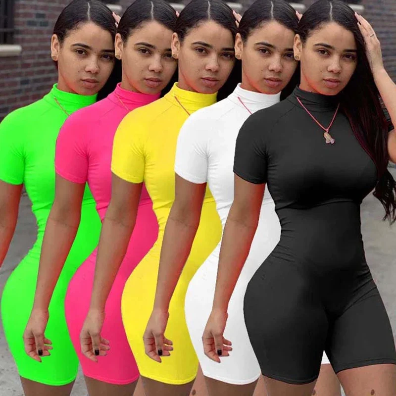 Fitness Women Streetwear Neon Bodysuit Women Mock Neck Short Sleeve Casual Playsuit High Elastic Sexy Tight Sports Overalls 2020