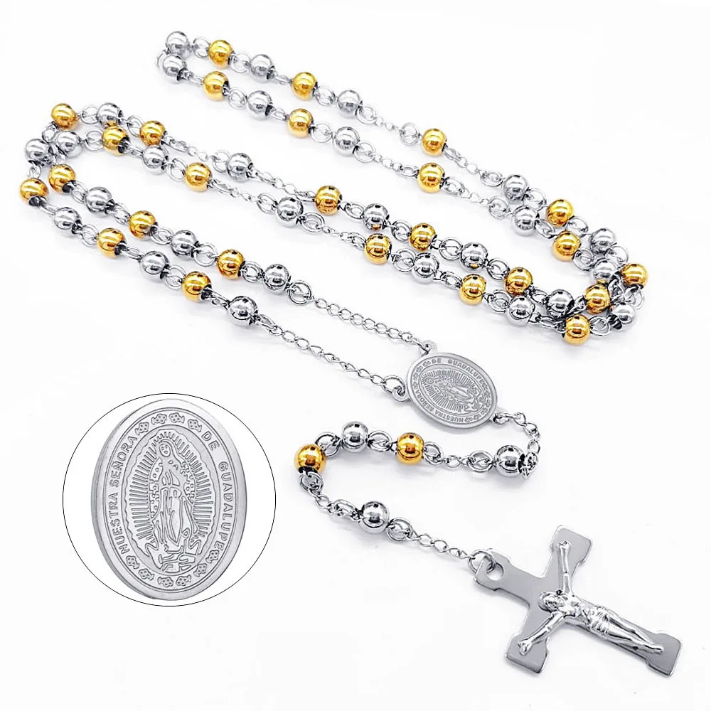 FIREBROS 6mm Beads Long Chain Catholic Rosary Necklace Stainless Steel Jesus Crucifix Cross Pendant Men Women Religious Jewelry