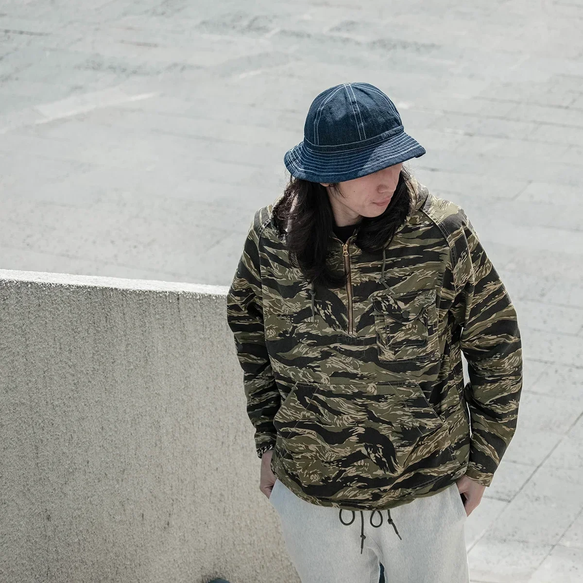 Non Stock Golden Tiger-Stripe Camouflage Pullover Men's Set-In Sleeve Military Smock