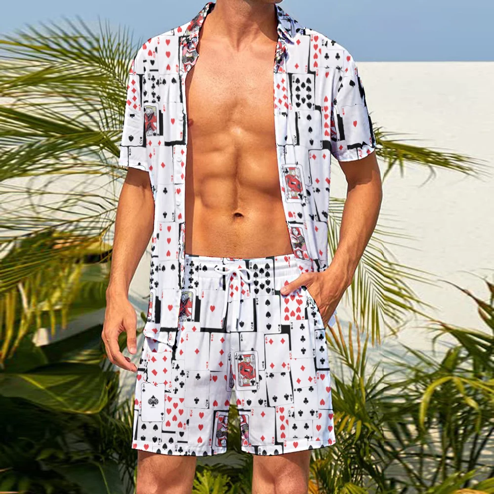 Ensemble chemise et short hawaïens pour hommes, col rabattu, boutons, manches courtes, imprimé couronne King Card, vêtements de plage décontractés pour jeunes, mode 2 pièces