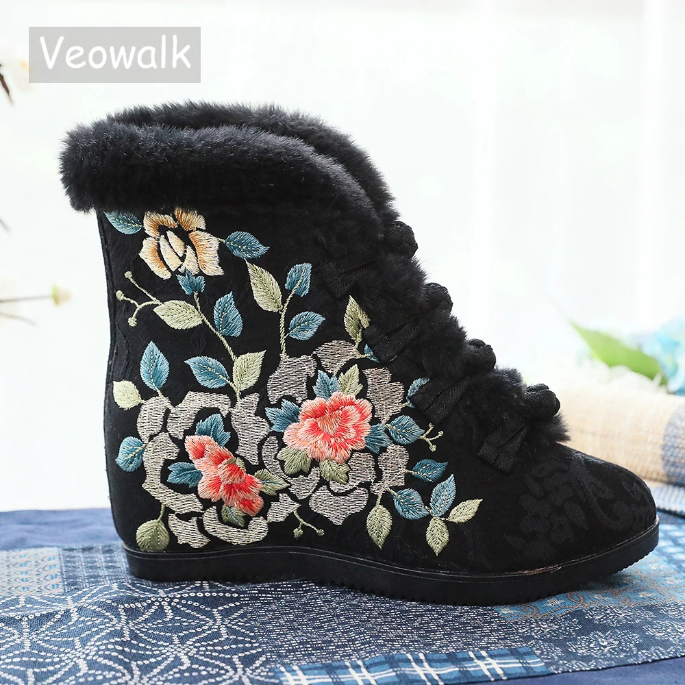 Veowalk 6cm Inside Wedge High Heel Winter Women Cotton Warm Lining Booties Chinese Embroidered Shoes Short Ankle Boots Black