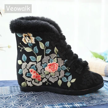 Veowalk-冬用の女性用ウェッジヒールブーツ,暖かい綿の裏地付きブーツ,中国の刺shoes靴,足首までの長さ6cm