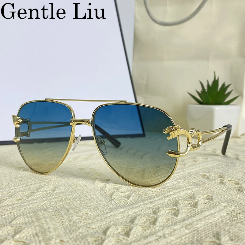 Oversized Oval Metal Frame Sunglasses Men 2024 Luxury Brand Designer Vintage Leopard Head Sun Glasses For Male Big Eyewear Shade