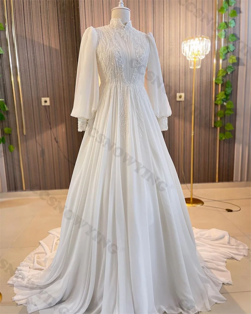 

Chiffon Appliques Beaded Muslim Wedding Dress for Bride Long Sleeve Islamic Bridal Gowns High Neck Women Arabic Robe De Mariée