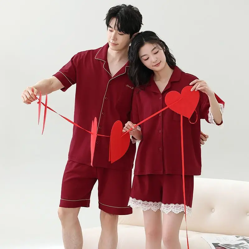 Pajamas new couple pajamas summer newlywed wedding red men and women cotton festive home wear pajamas set