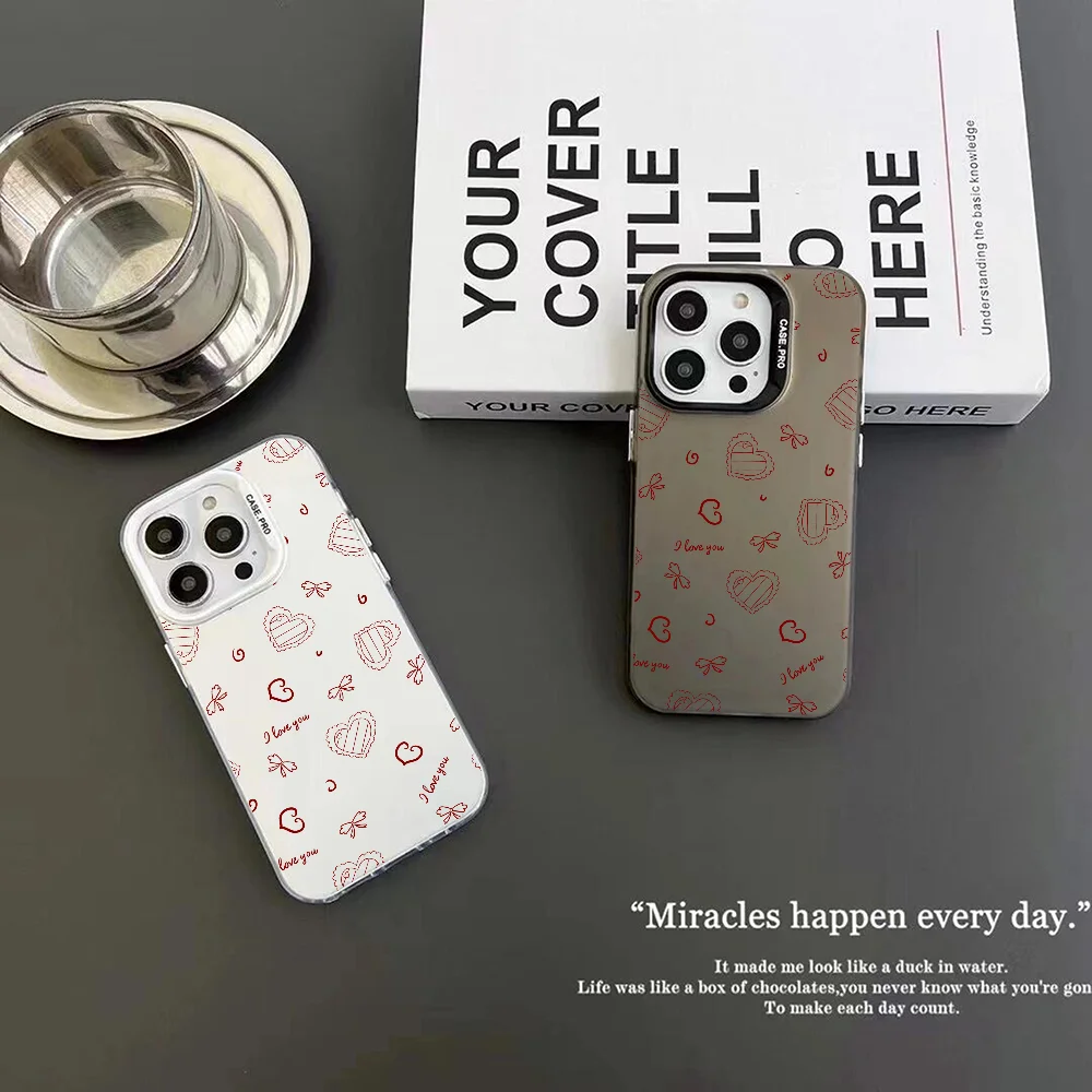 Love You Pattern Phone Case IMD Color Silver Shell For IPhone 16 15 14 13 12 Pro Max Plus