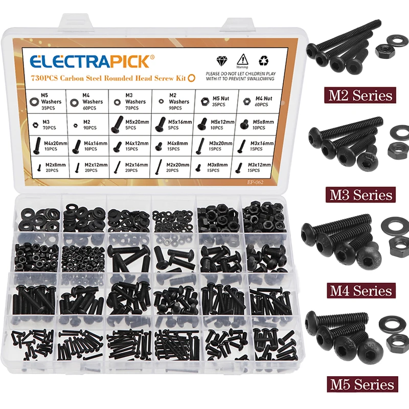 

730pcs M2 M3 M4 M5 Screw Set Carbon Steel Round Cap Head Screws Bolts and Nuts Washer Assortment Kit