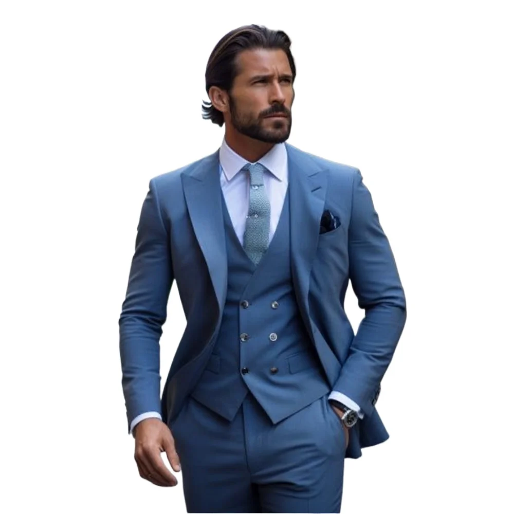 Handsome Blue Suits For Men Formal Business Blazer Wedding Groom Tuxedo 3 Piece Set Jacket Vest Pants