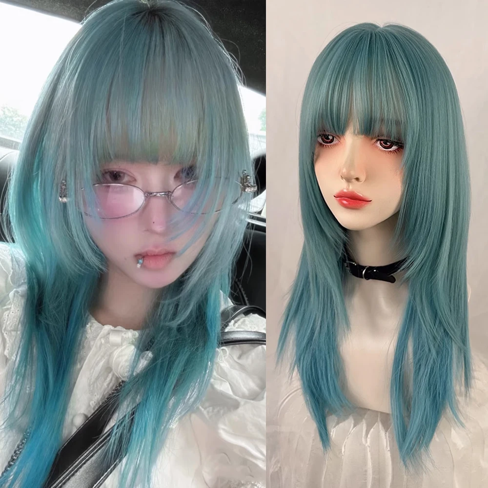 

Омбре зеленый многослойный синтетический длинный парик с челкой Лолита косплей пушистый женский парик термостойкий для повседневной вечеринки