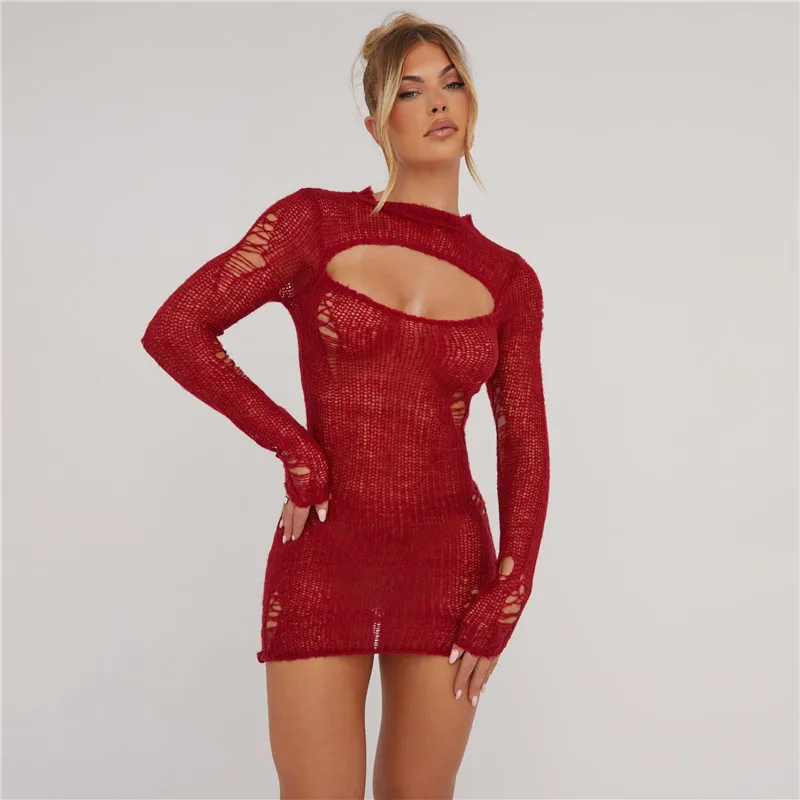 

Sexy Hollow Out Long Sleeve Knit Beach Dress Women Holes Crochet Swimsuit Bikini Cover Up Bodycon Vestidos Female Bathing Suit