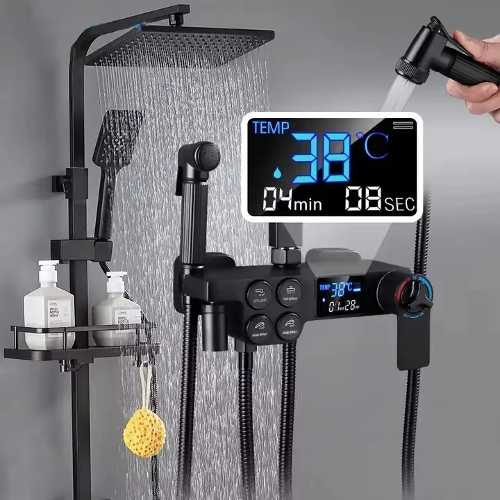 Smart Black Digital Thermostatic Shower Set Brass Faucet TikTok Trend Multi-Function Rainfall Jet Hot Cold Bathroom Rainfall
