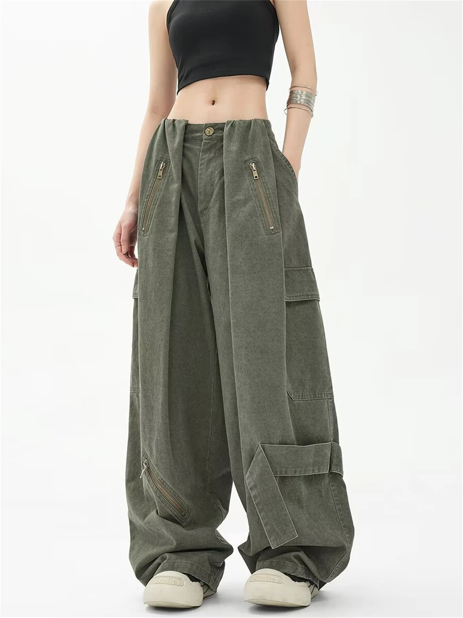 Y2K Women's Olive Green Cargo Pants New Fashion Multiple Zipper Pockets Oversized Wide Leg Loose Casual Streetwear Trousers
