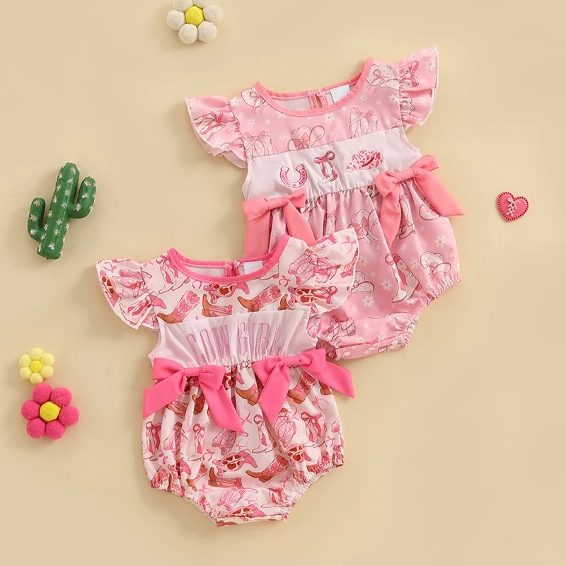 

Tregren 0-18M Newborn Baby Girls Rompers Fly Sleeve Crew Neck Bows Boots Print Infant Bodysuit Summer Clothes for Casual Daily