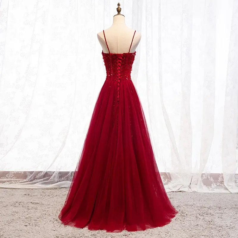 Customized Temperament Exquisite Elegant Strapless Evening Dress Beading Sequin Prom Robe Slim Waist Mesh Tiered Wedding Party D