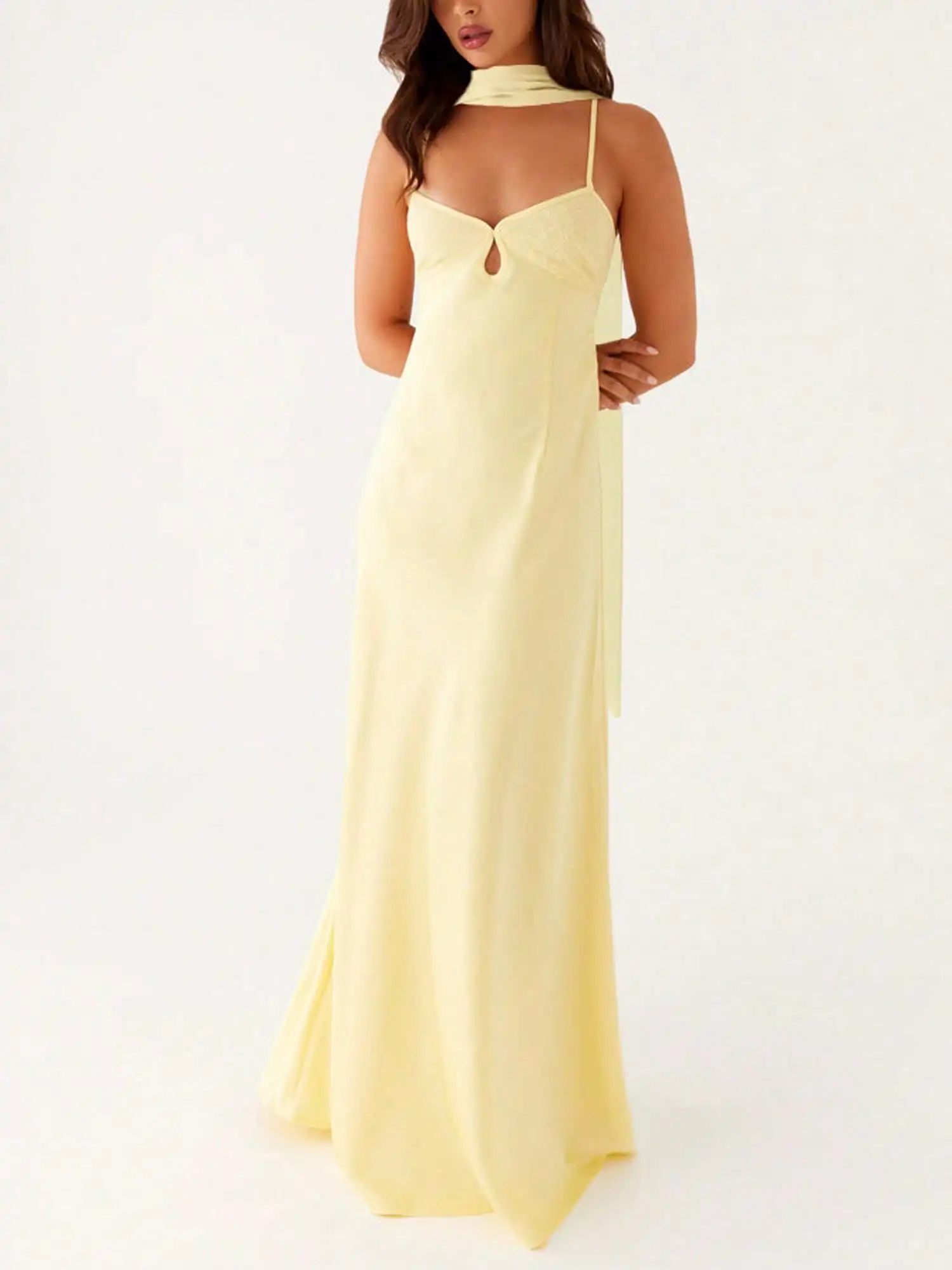 

Pale Yellow Maxi Dress with Spaghetti Straps, Cutout Detail & Detachable Scarf Neck Tie